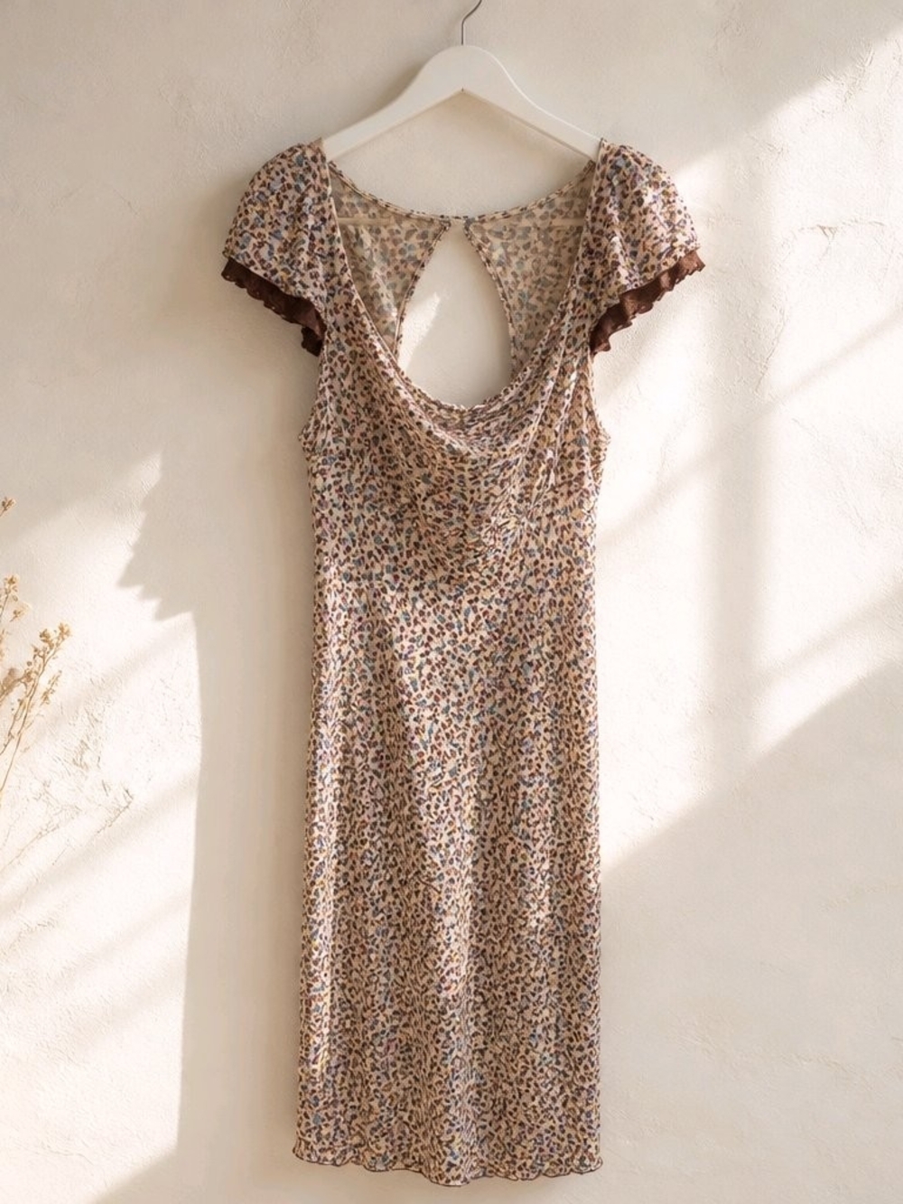 wild fable Beige Floral Midi Dress with Brown Trim